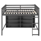 Cama alta de tamaño completo con estantes abiertos y escalera incorporada, gris