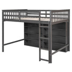 Cama alta de tamaño completo con estantes abiertos y escalera incorporada, gris