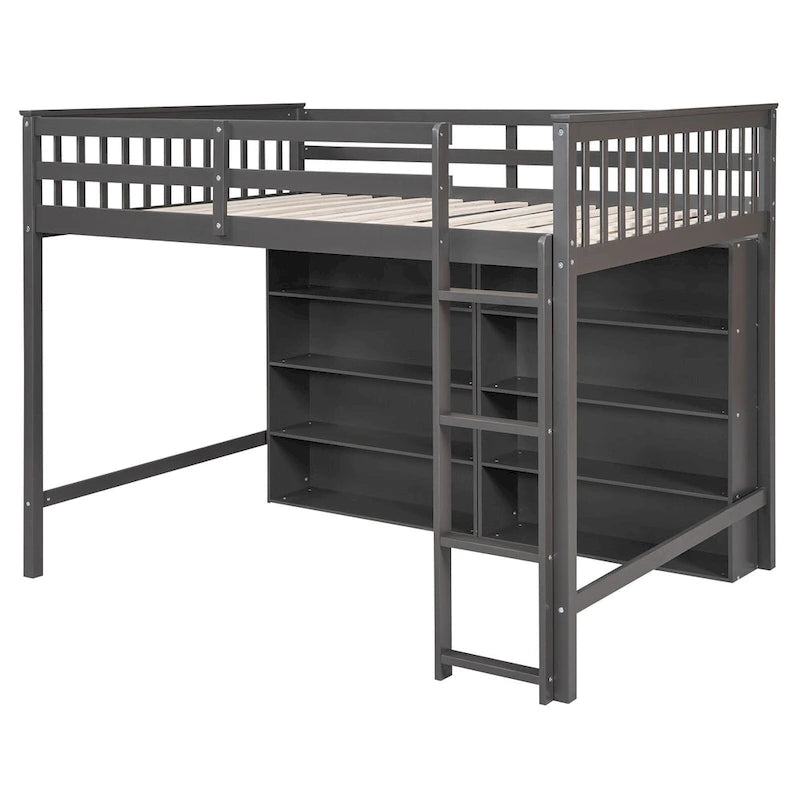 Cama alta de tamaño completo con estantes abiertos y escalera incorporada, gris