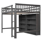 Cama alta de tamaño completo con estantes abiertos y escalera incorporada, gris