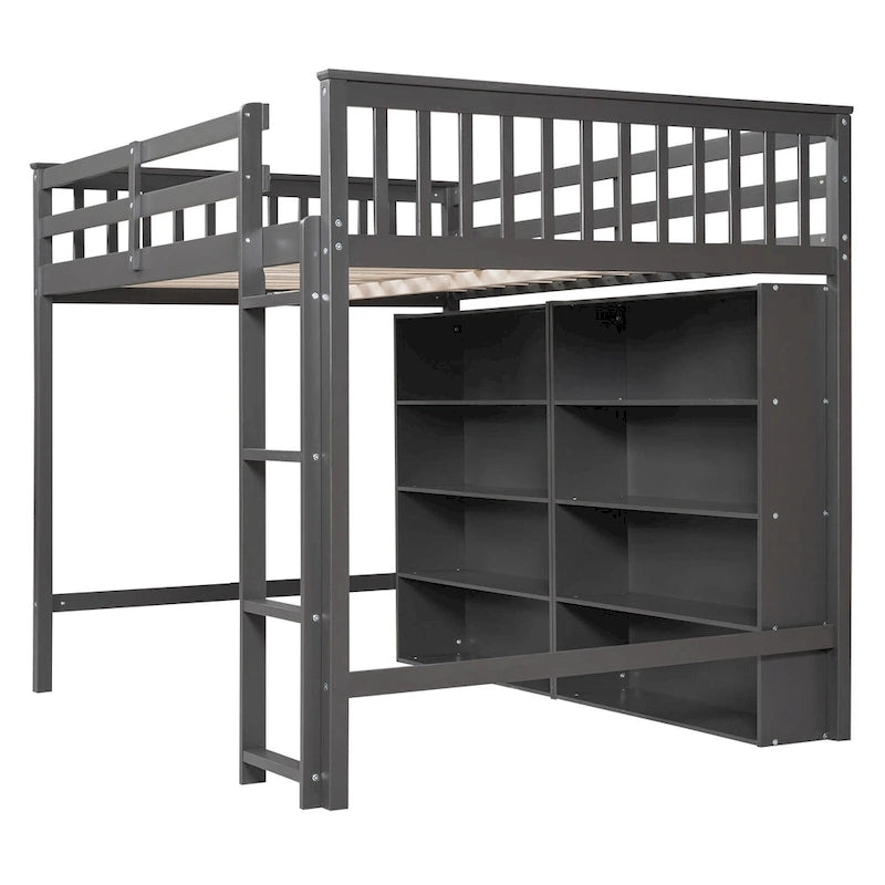 Cama alta de tamaño completo con estantes abiertos y escalera incorporada, gris