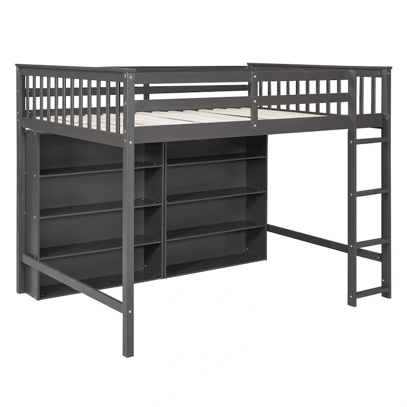 Cama alta de tamaño completo con estantes abiertos y escalera incorporada, gris