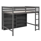 Cama alta de tamaño completo con estantes abiertos y escalera incorporada, gris
