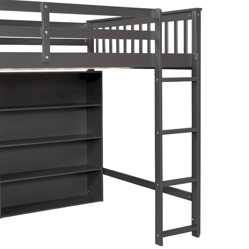 Cama alta de tamaño completo con estantes abiertos y escalera incorporada, gris