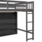 Cama alta de tamaño completo con estantes abiertos y escalera incorporada, gris