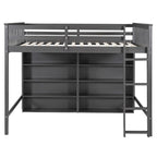 Cama alta de tamaño completo con estantes abiertos y escalera incorporada, gris