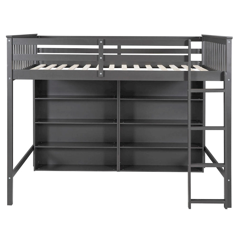 Cama alta de tamaño completo con estantes abiertos y escalera incorporada, gris