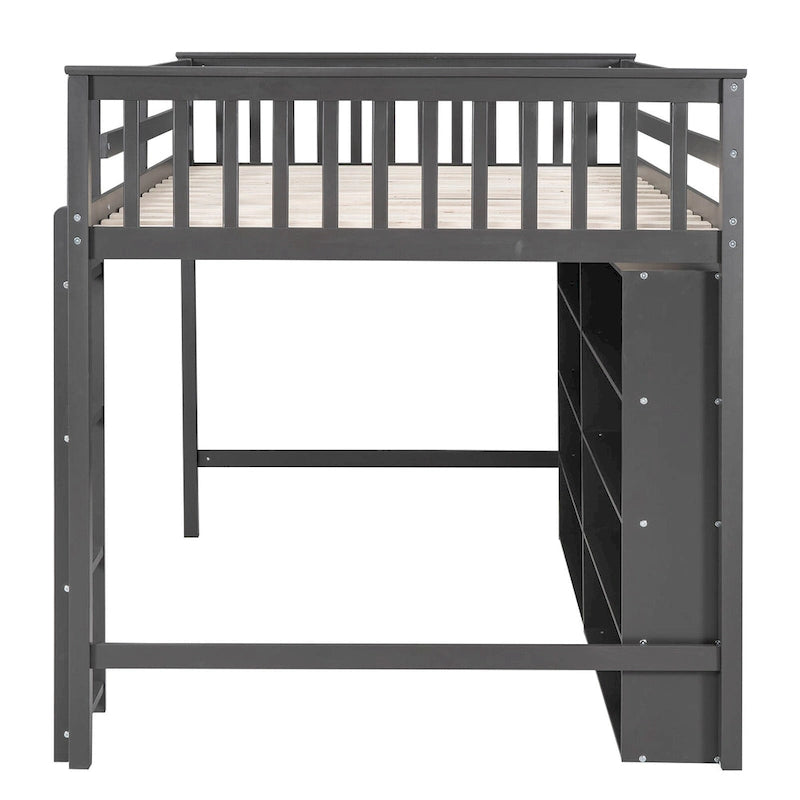 Cama alta de tamaño completo con estantes abiertos y escalera incorporada, gris