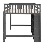 Cama alta de tamaño completo con estantes abiertos y escalera incorporada, gris