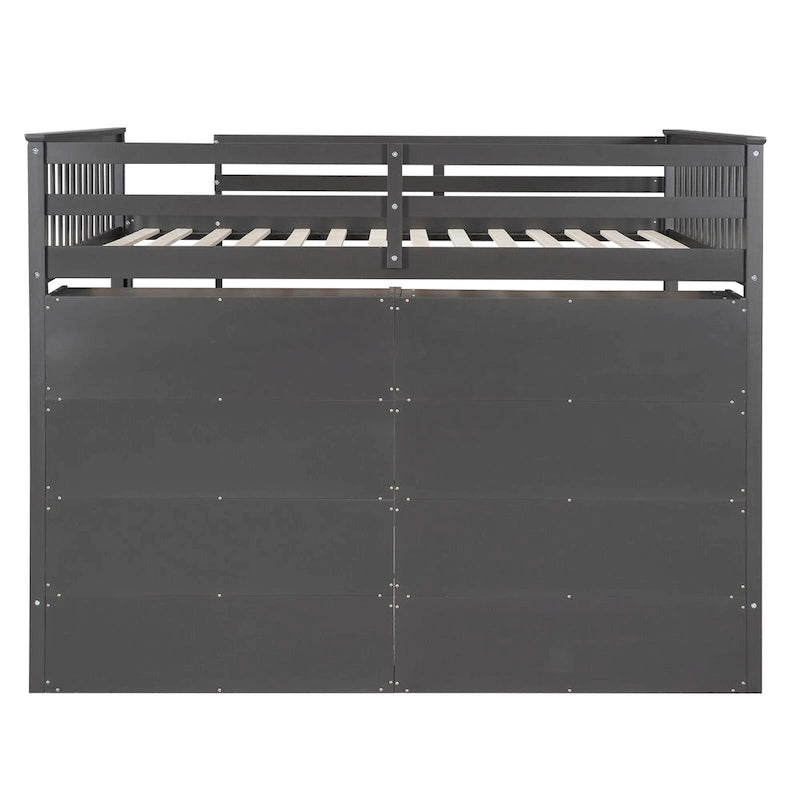 Cama alta de tamaño completo con estantes abiertos y escalera incorporada, gris