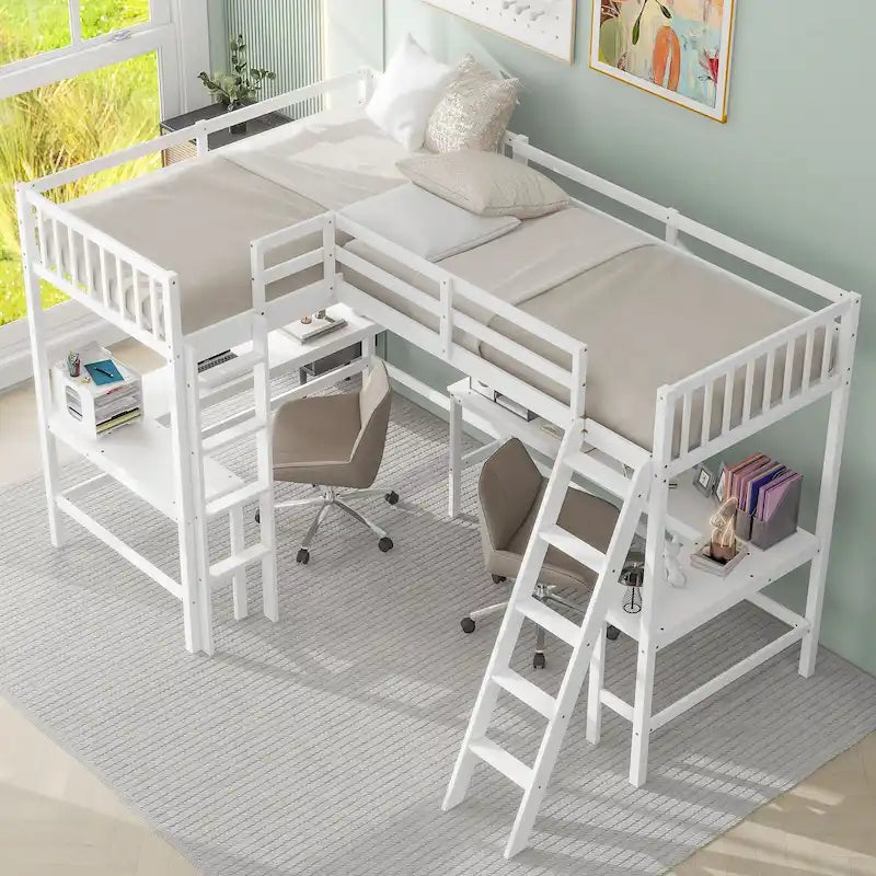 Litera alta de madera con forma de L, tamaño doble, con escalera, 2 escritorios integrados en forma de L