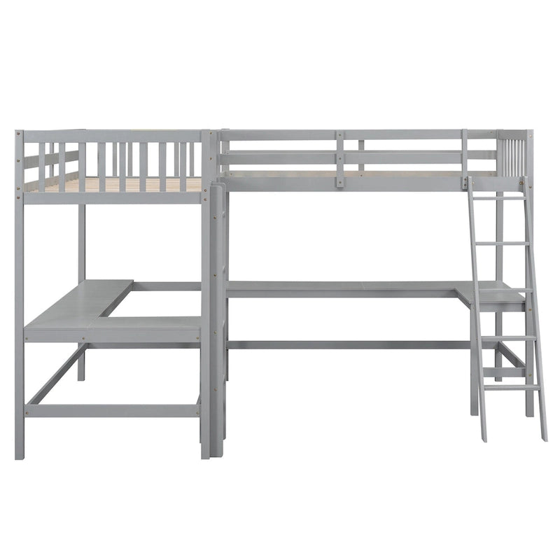 Litera alta de madera con forma de L, tamaño doble, con escalera, 2 escritorios integrados en forma de L