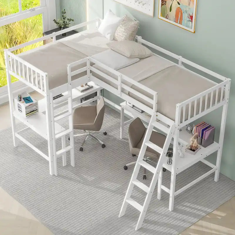 Litera alta de madera con forma de L, tamaño doble, con escalera, 2 escritorios integrados en forma de L