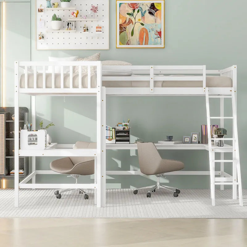 Litera alta de madera con forma de L, tamaño doble, con escalera, 2 escritorios integrados en forma de L