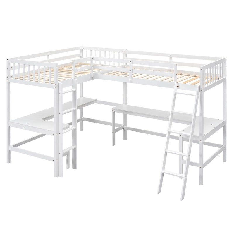 Litera alta de madera con forma de L, tamaño doble, con escalera, 2 escritorios integrados en forma de L