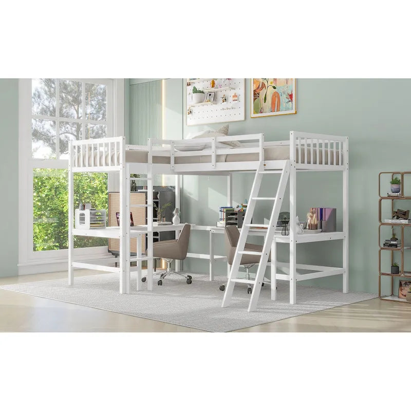 Litera alta de madera con forma de L, tamaño doble, con escalera, 2 escritorios integrados en forma de L