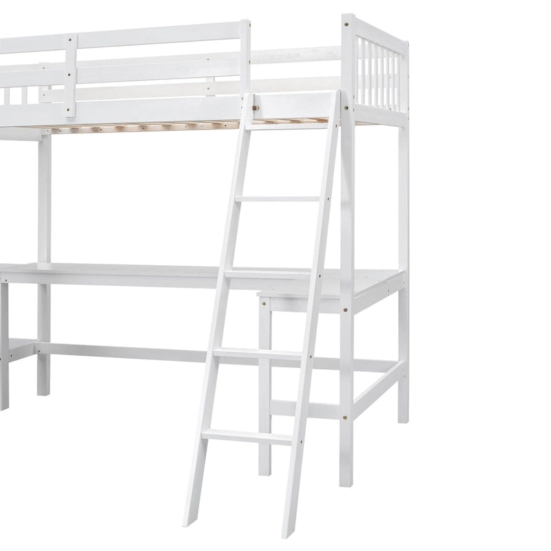 Litera alta de madera con forma de L, tamaño doble, con escalera, 2 escritorios integrados en forma de L
