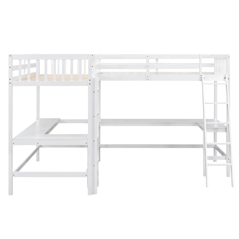 Litera alta de madera con forma de L, tamaño doble, con escalera, 2 escritorios integrados en forma de L