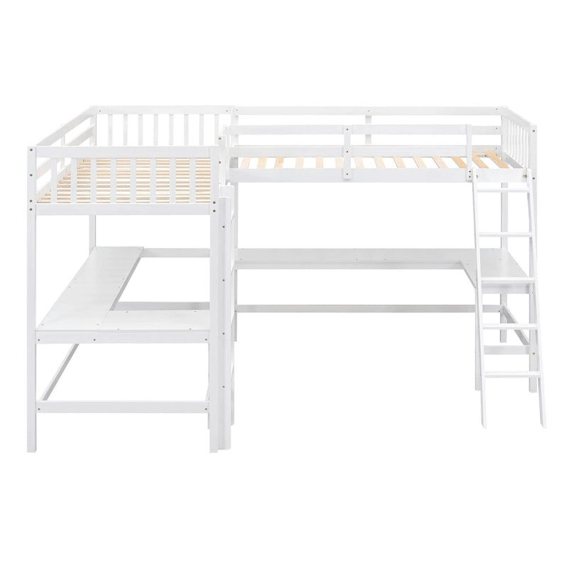 Litera alta de madera con forma de L, tamaño doble, con escalera, 2 escritorios integrados en forma de L