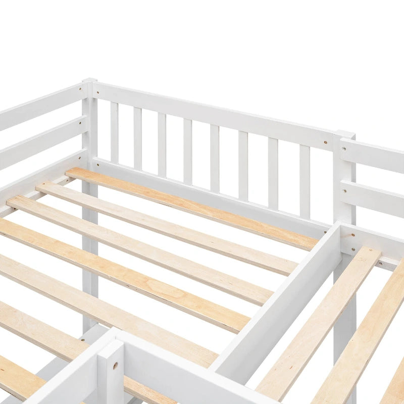 Litera alta de madera con forma de L, tamaño doble, con escalera, 2 escritorios integrados en forma de L