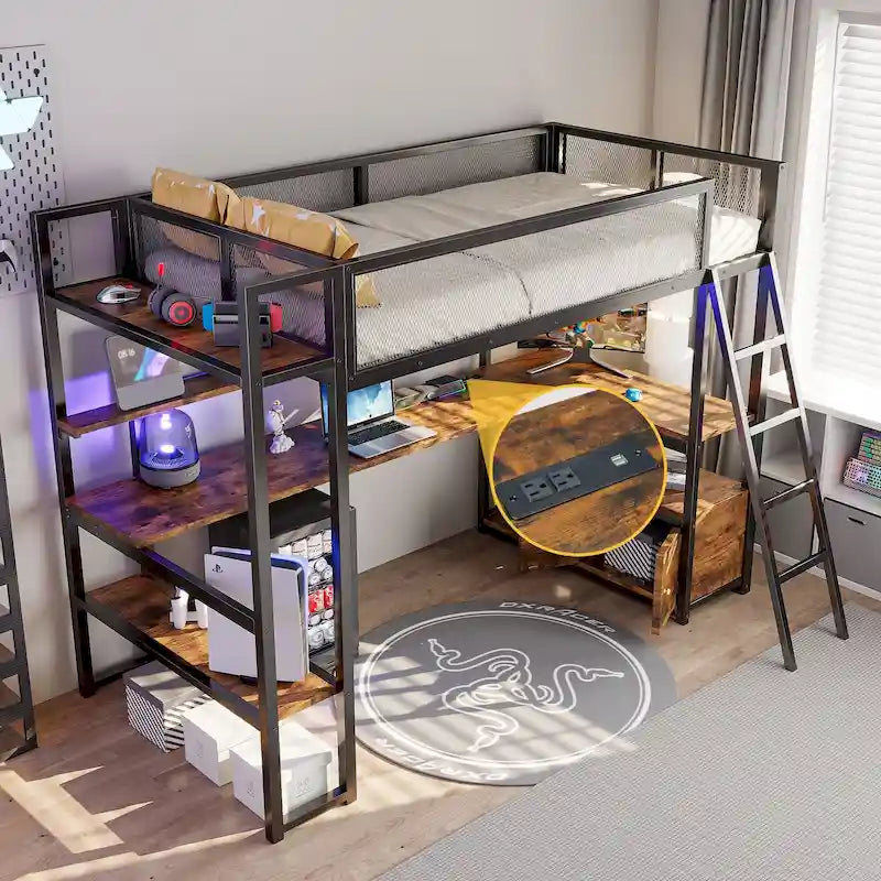 Cama alta doble de metal con estación de trabajo incorporada, LED y múltiples opciones de almacenamiento