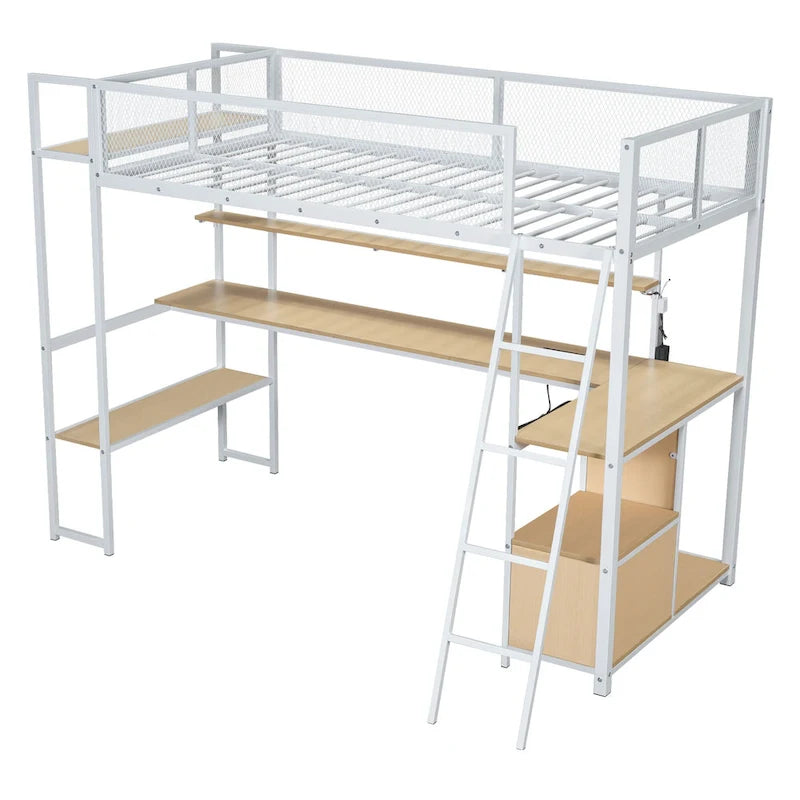 Cama alta doble de metal con estación de trabajo incorporada, LED y múltiples opciones de almacenamiento