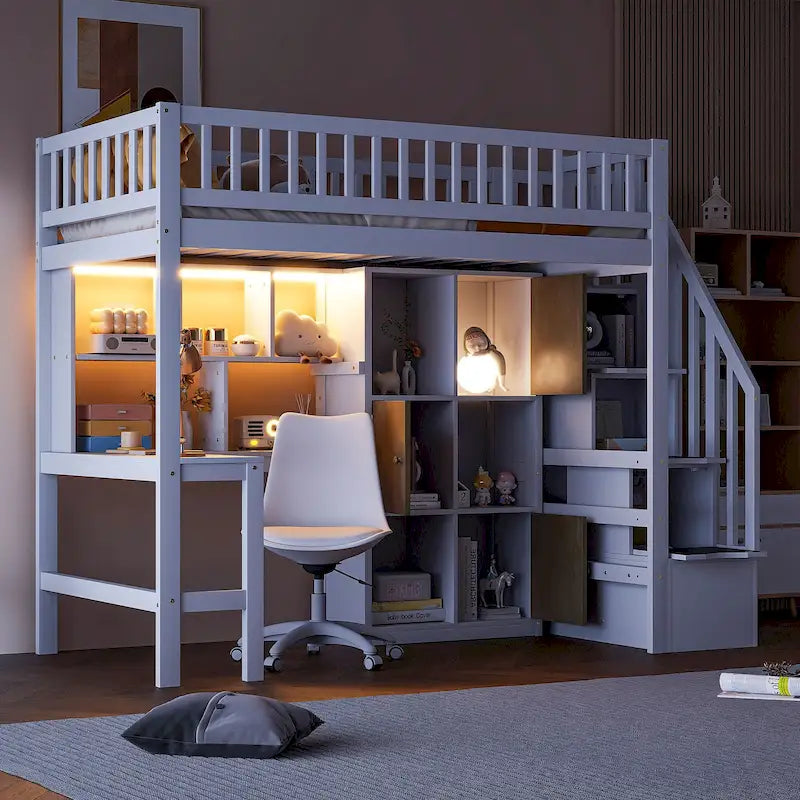 Cama alta doble de madera con escritorio integrado, LED, estantes de almacenamiento, armarios y escalera, blanca