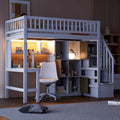 Cama alta doble de madera con escritorio integrado, LED, estantes de almacenamiento, armarios y escalera, blanca