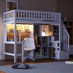 Cama alta doble de madera con escritorio integrado, LED, estantes de almacenamiento, armarios y escalera, blanca