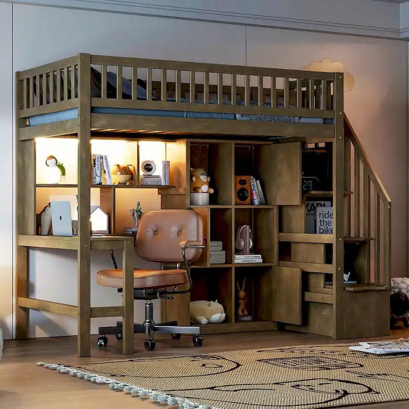 Wood Twin Size Loft Bed with Built-in Desk, LED, Storage Shelves, Cabinets and Staircase, White