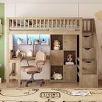 Cama alta doble de madera con escritorio integrado, LED, estantes de almacenamiento, armarios y escalera, blanca