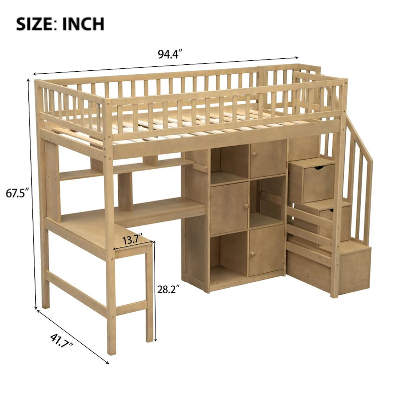 Cama alta doble de madera con escritorio integrado, LED, estantes de almacenamiento, armarios y escalera, blanca