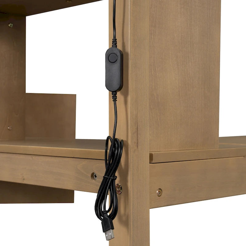 Cama alta doble de madera con escritorio integrado, LED, estantes de almacenamiento, armarios y escalera, blanca