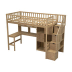 Cama alta doble de madera con escritorio integrado, LED, estantes de almacenamiento, armarios y escalera, blanca