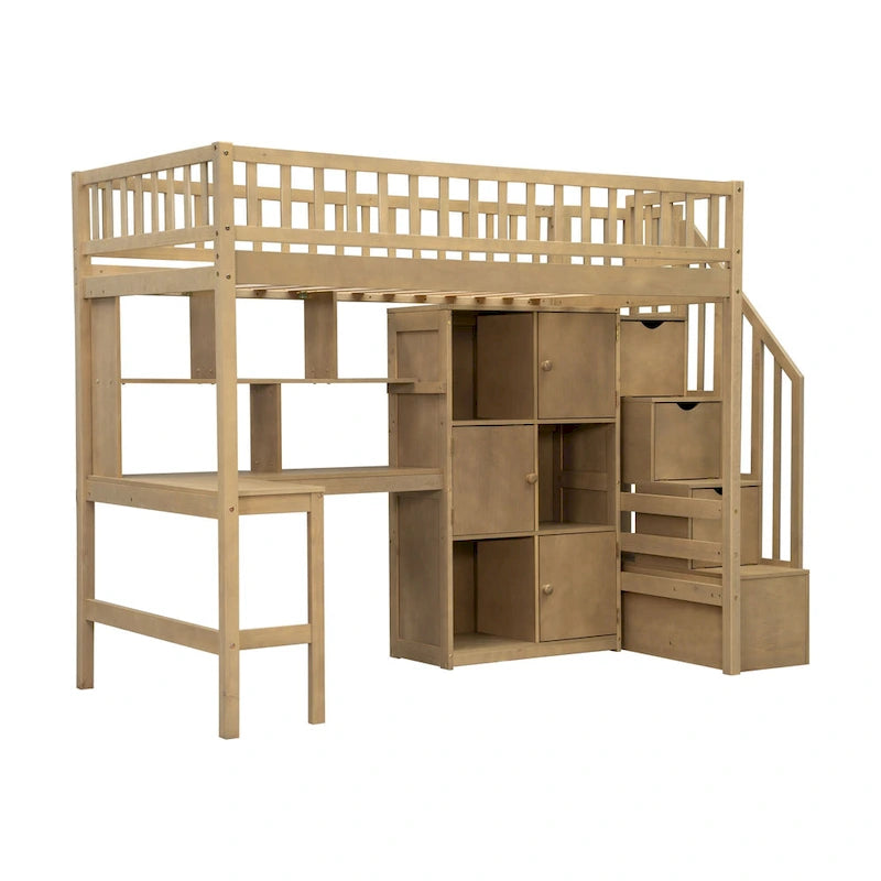 Cama alta doble de madera con escritorio integrado, LED, estantes de almacenamiento, armarios y escalera, blanca