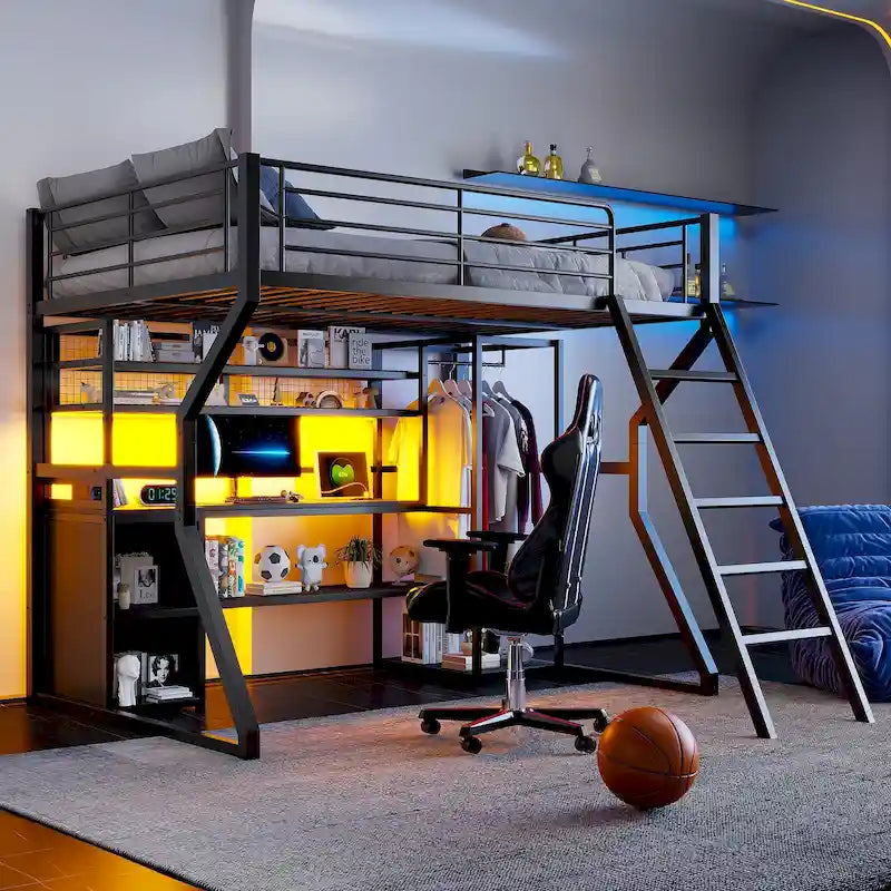 Cama alta de metal para videojuegos con estación de trabajo integrada, armario abierto, luces LED y almacenamiento múltiple, tamaño matrimonial, color negro