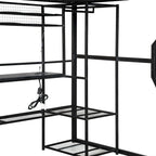 Cama alta de metal para videojuegos con estación de trabajo integrada, armario abierto, luces LED y almacenamiento múltiple, tamaño matrimonial, color negro