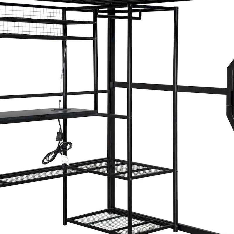 Cama alta de metal para videojuegos con estación de trabajo integrada, armario abierto, luces LED y almacenamiento múltiple, tamaño matrimonial, color negro