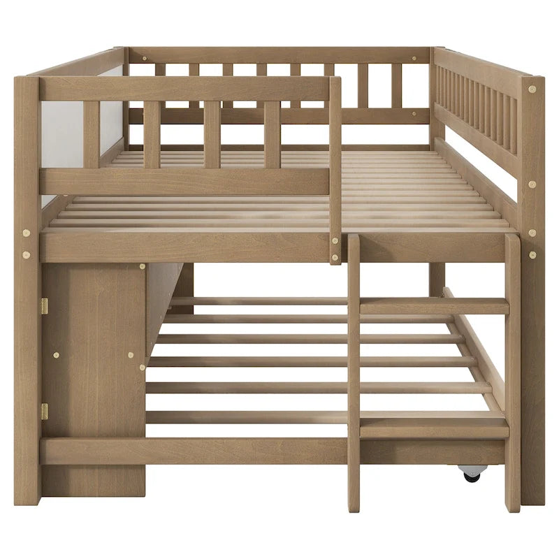 Cama alta baja de madera tamaño Twin con estantes de almacenamiento, pizarra y cama nido, blanca