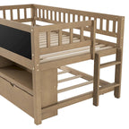 Cama alta baja de madera tamaño Twin con estantes de almacenamiento, pizarra y cama nido, blanca