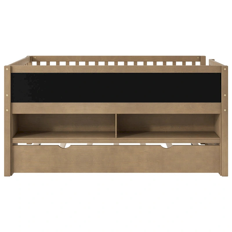 Cama alta baja de madera tamaño Twin con estantes de almacenamiento, pizarra y cama nido, blanca