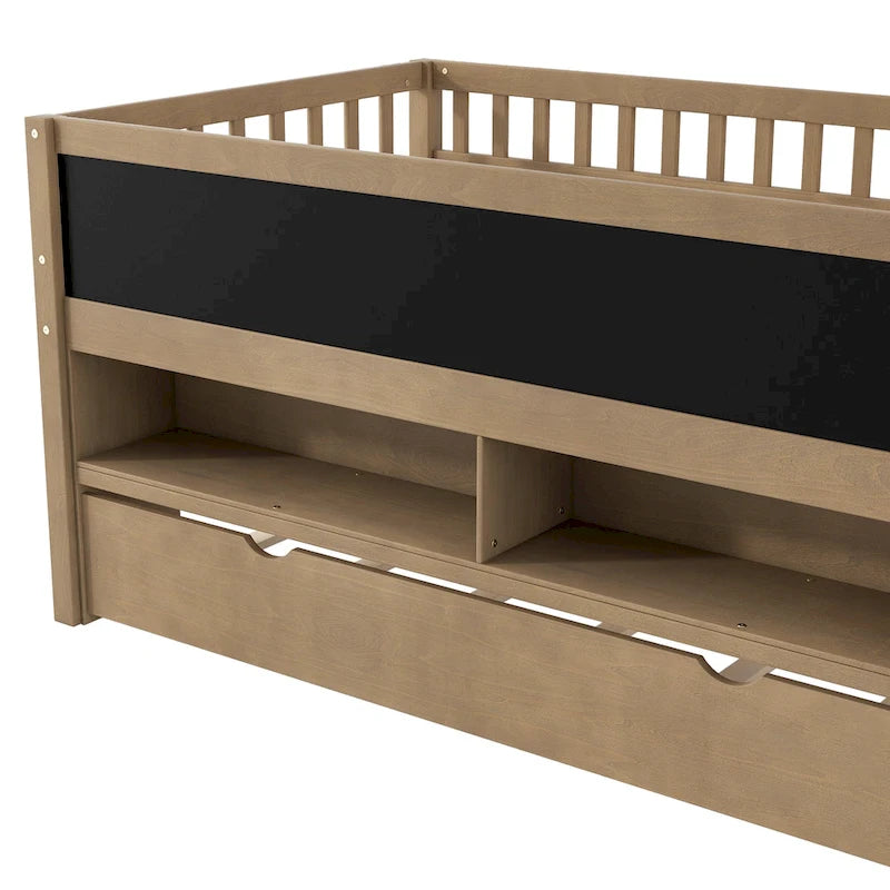 Cama alta baja de madera tamaño Twin con estantes de almacenamiento, pizarra y cama nido, blanca