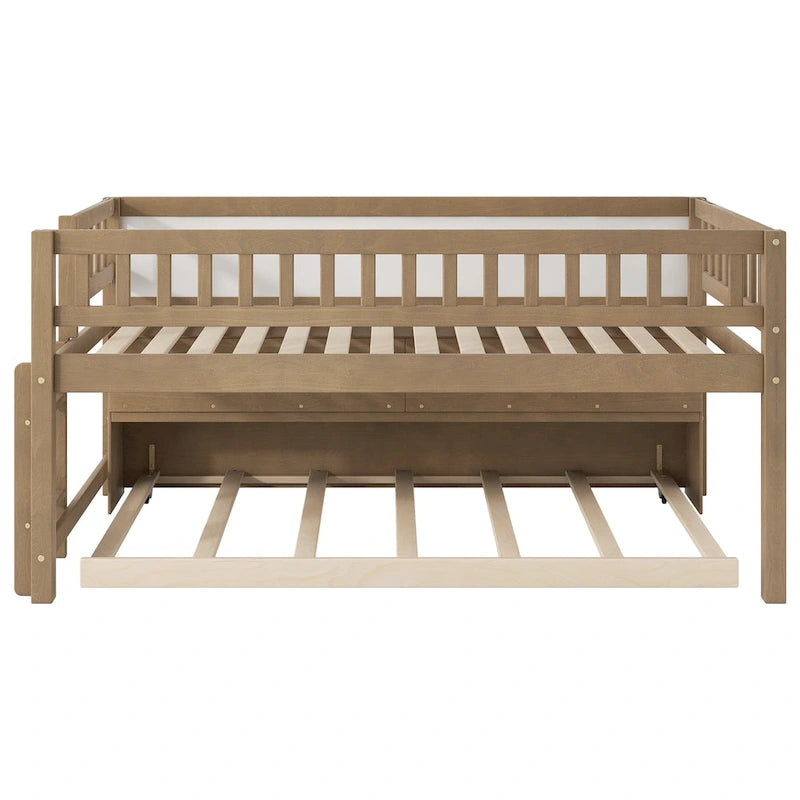 Cama alta baja de madera tamaño Twin con estantes de almacenamiento, pizarra y cama nido, blanca