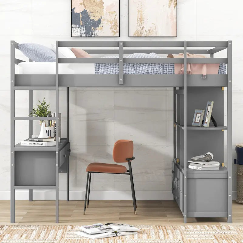 Cama Alta Matrimonial con Escritorio Integrado con 2 Cajones, y Estantes y Cajones de Almacenamiento, Blanco