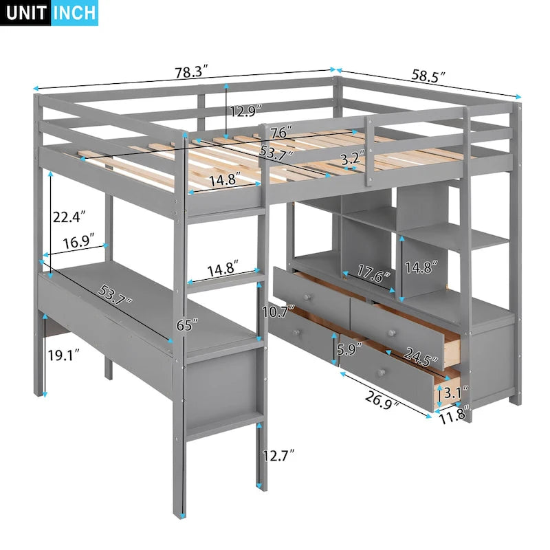 Cama Alta Matrimonial con Escritorio Integrado con 2 Cajones, y Estantes y Cajones de Almacenamiento, Blanco
