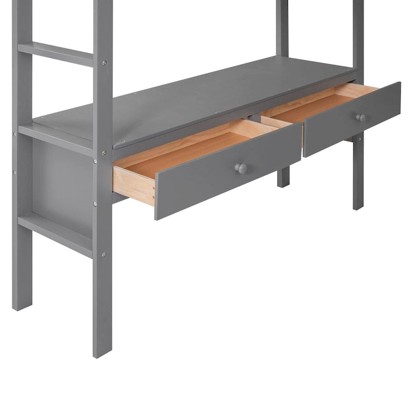 Cama Alta Matrimonial con Escritorio Integrado con 2 Cajones, y Estantes y Cajones de Almacenamiento, Blanco