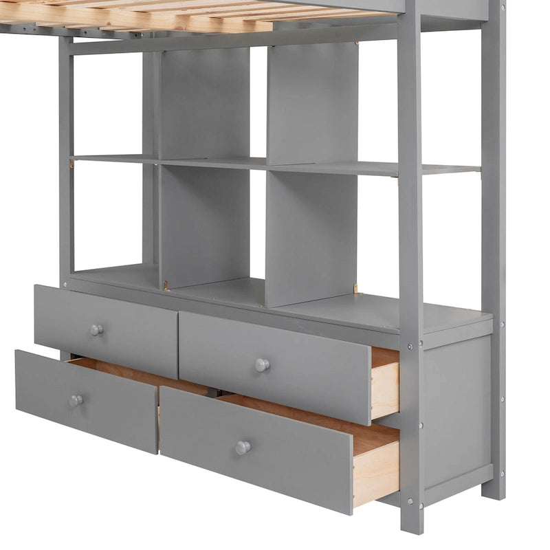 Cama Alta Matrimonial con Escritorio Integrado con 2 Cajones, y Estantes y Cajones de Almacenamiento, Blanco