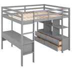Cama Alta Matrimonial con Escritorio Integrado con 2 Cajones, y Estantes y Cajones de Almacenamiento, Blanco
