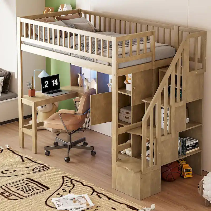 Cama alta individual con escritorio incorporado, luces LED, estantes de almacenamiento, gabinetes y escalera