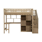 Cama alta individual con escritorio incorporado, luces LED, estantes de almacenamiento, gabinetes y escalera
